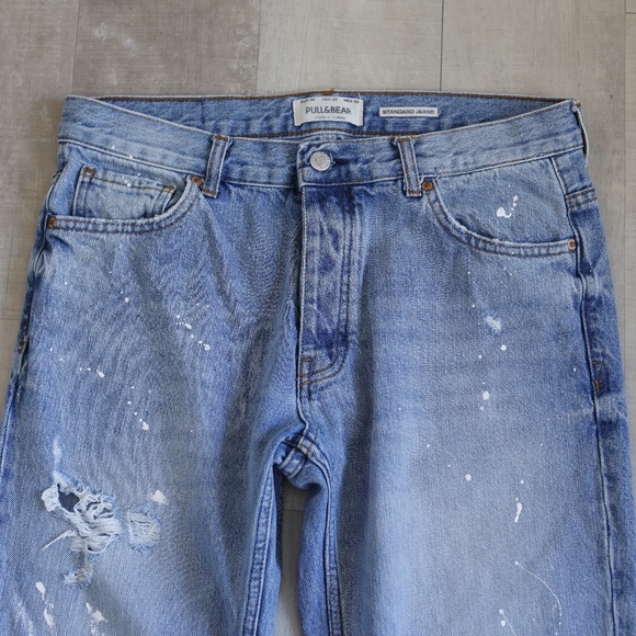 Pull & Bear Mens Jeans Vintage Distressed Blow-out Knee Paint Splatter 32 Waist - Picture 3 of 5